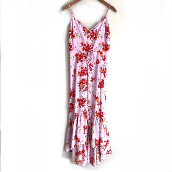 Nanette Lepore Pink Floral Maxi Dress Ruffled High Low Hem Button Down Front - Picture 2 of 14